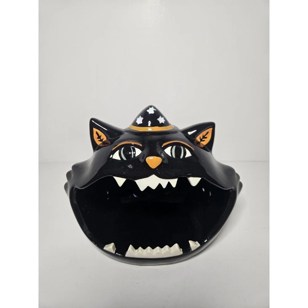 Ashland Halloween Black Cat Ceramic Candy Dish Starry Wizard Hat Vintage Style